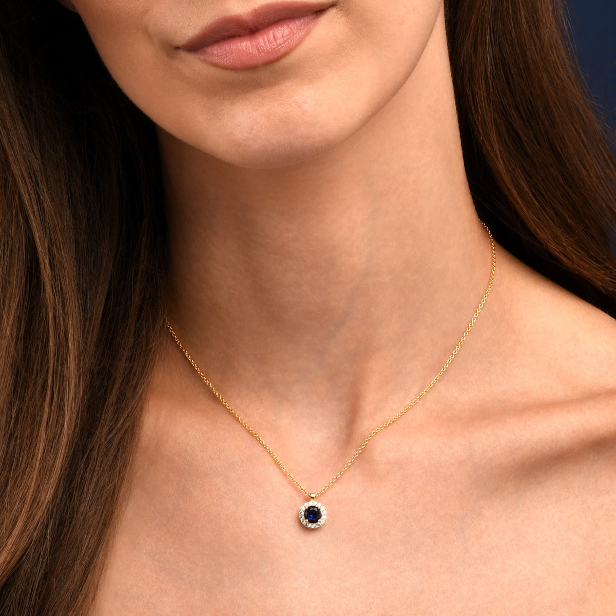 Gold Plated Sterling Silver Blue Round Halo Pendant Necklace