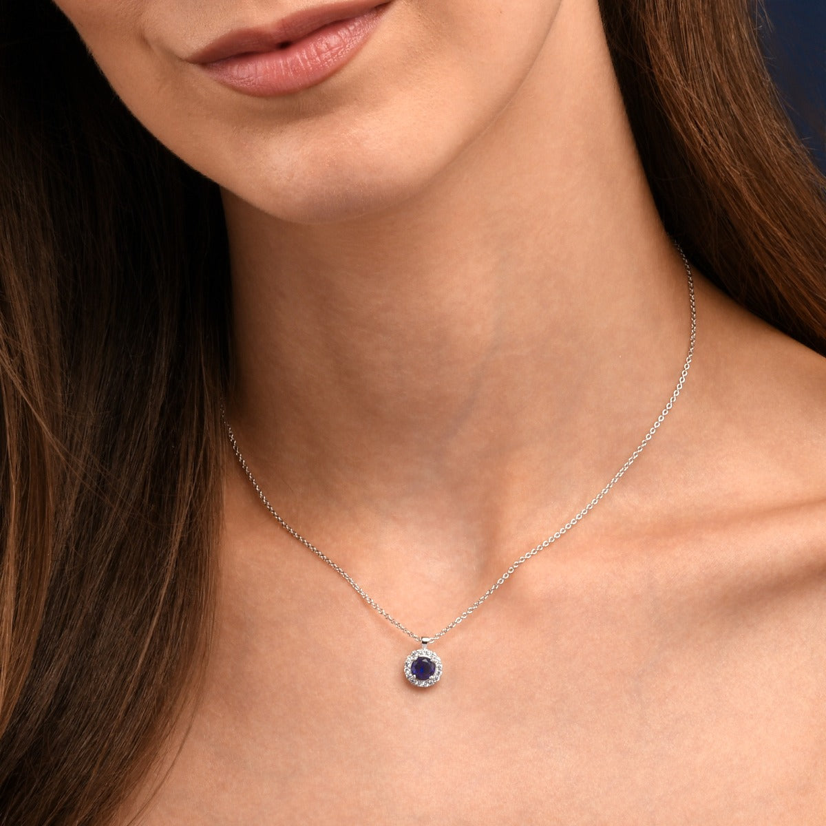 Sterling Silver Blue Round Halo Pendant Necklace