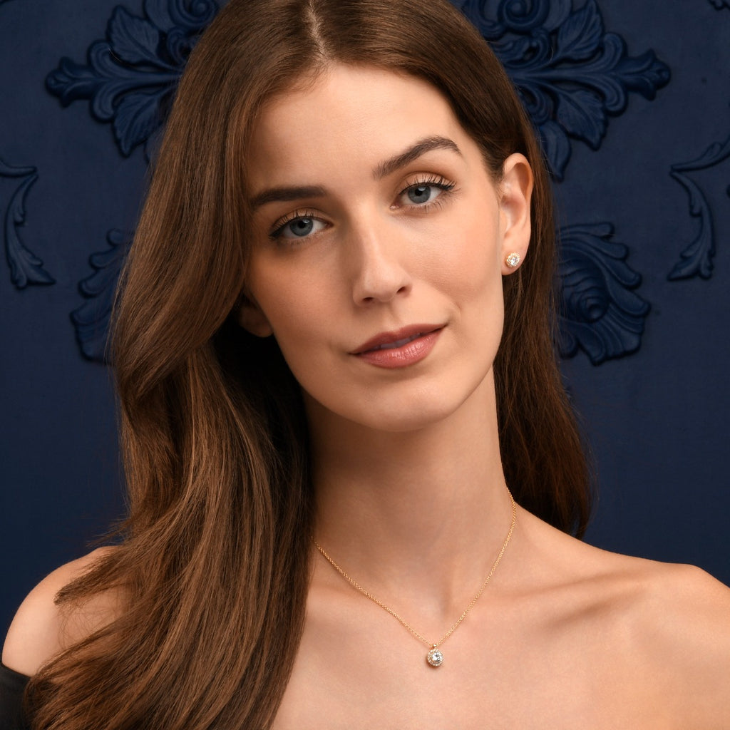 Gold Plated Sterling Silver Round CZ Halo Pendant Necklace