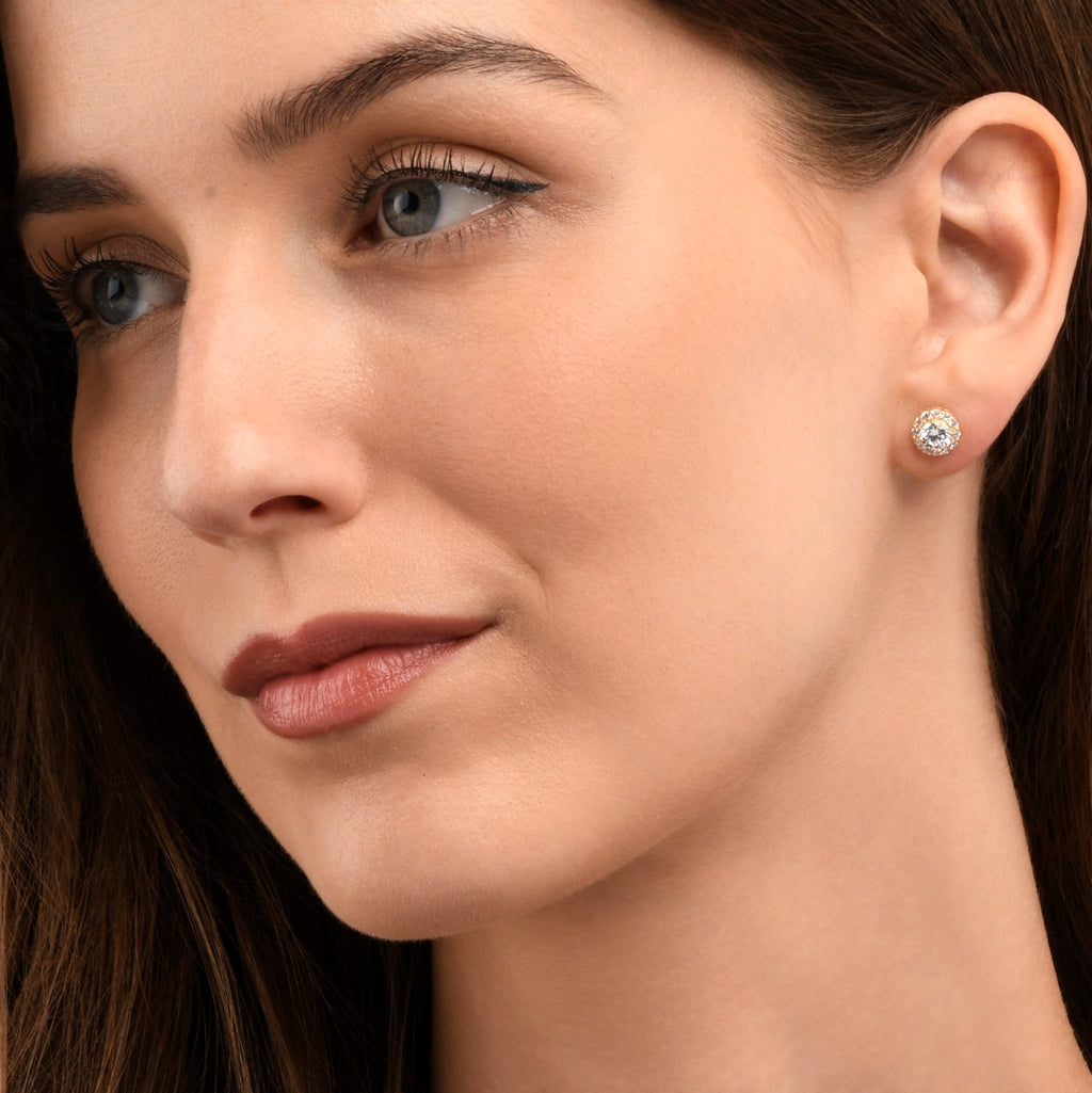 Gold Plated Sterling Silver Round Cubic Zirconia Halo Stud Earrings