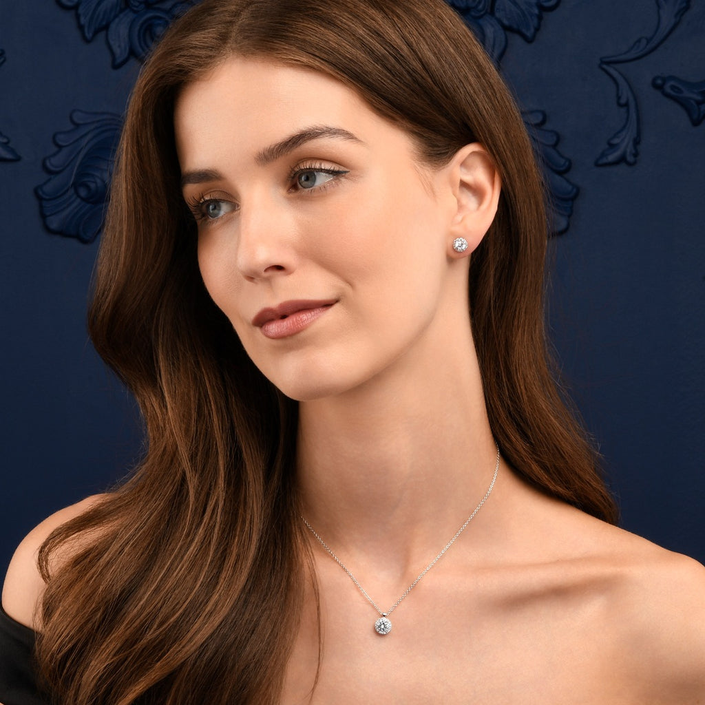Sterling Silver Round Cubic Zirconia Halo Stud Earrings