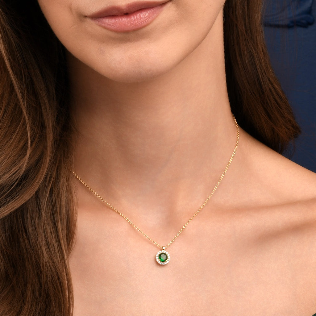 Gold Plated Sterling Silver Green Round Halo Pendant Necklace
