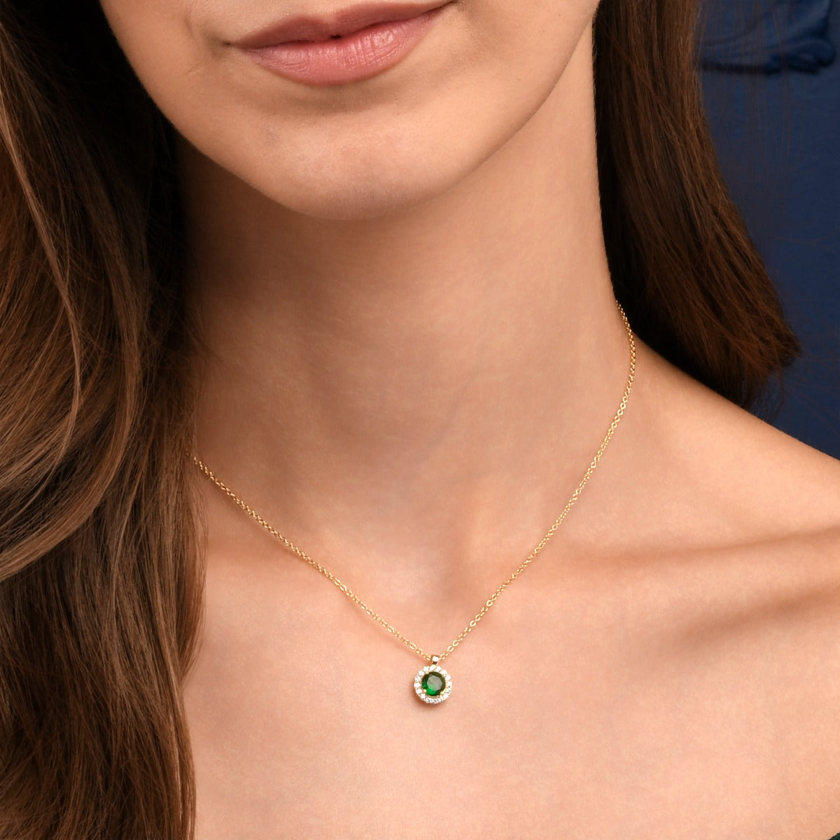 Gold Plated Sterling Silver Green Round Halo Pendant Necklace