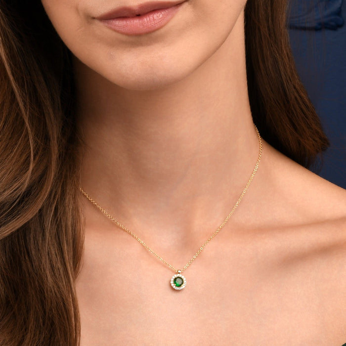 Gold Plated Sterling Silver Green Round Halo Pendant Necklace