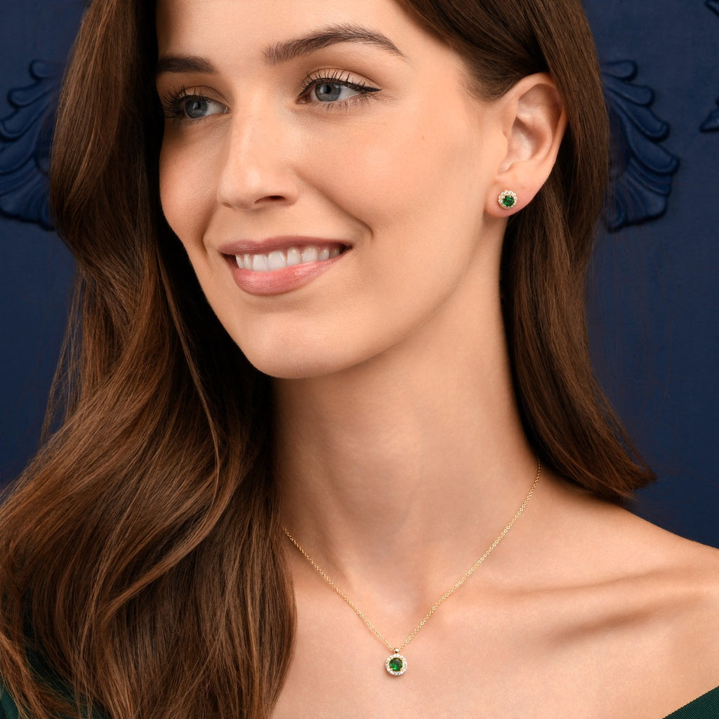 Gold Plated Sterling Silver Green Round Halo Pendant Necklace