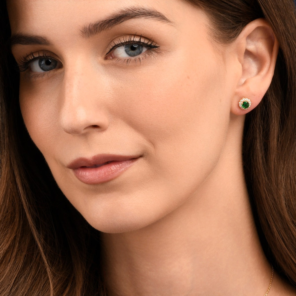 Gold Plated Sterling Silver Green Round Halo Stud Earrings