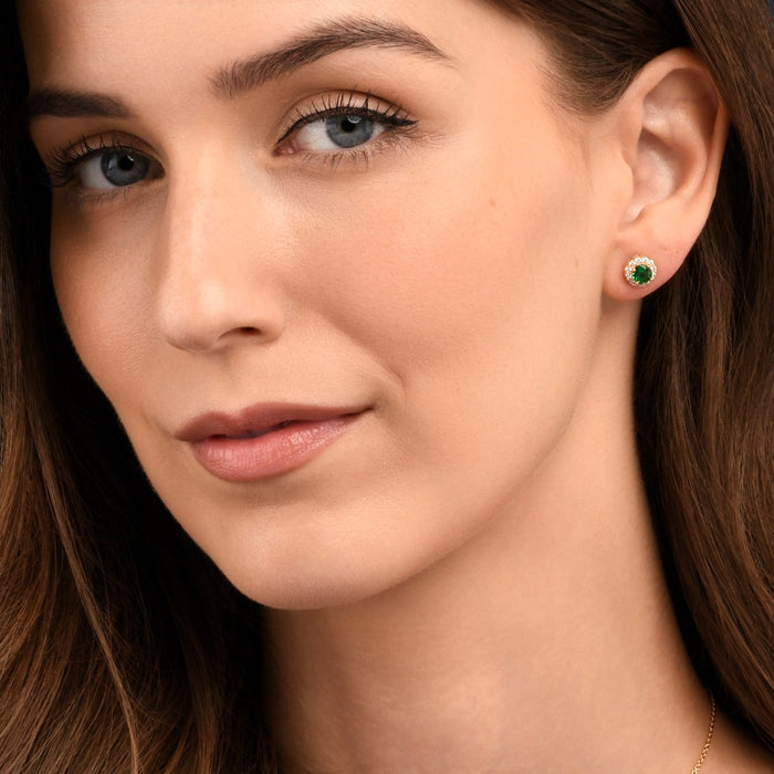 Gold Plated Sterling Silver Green Round Halo Stud Earrings