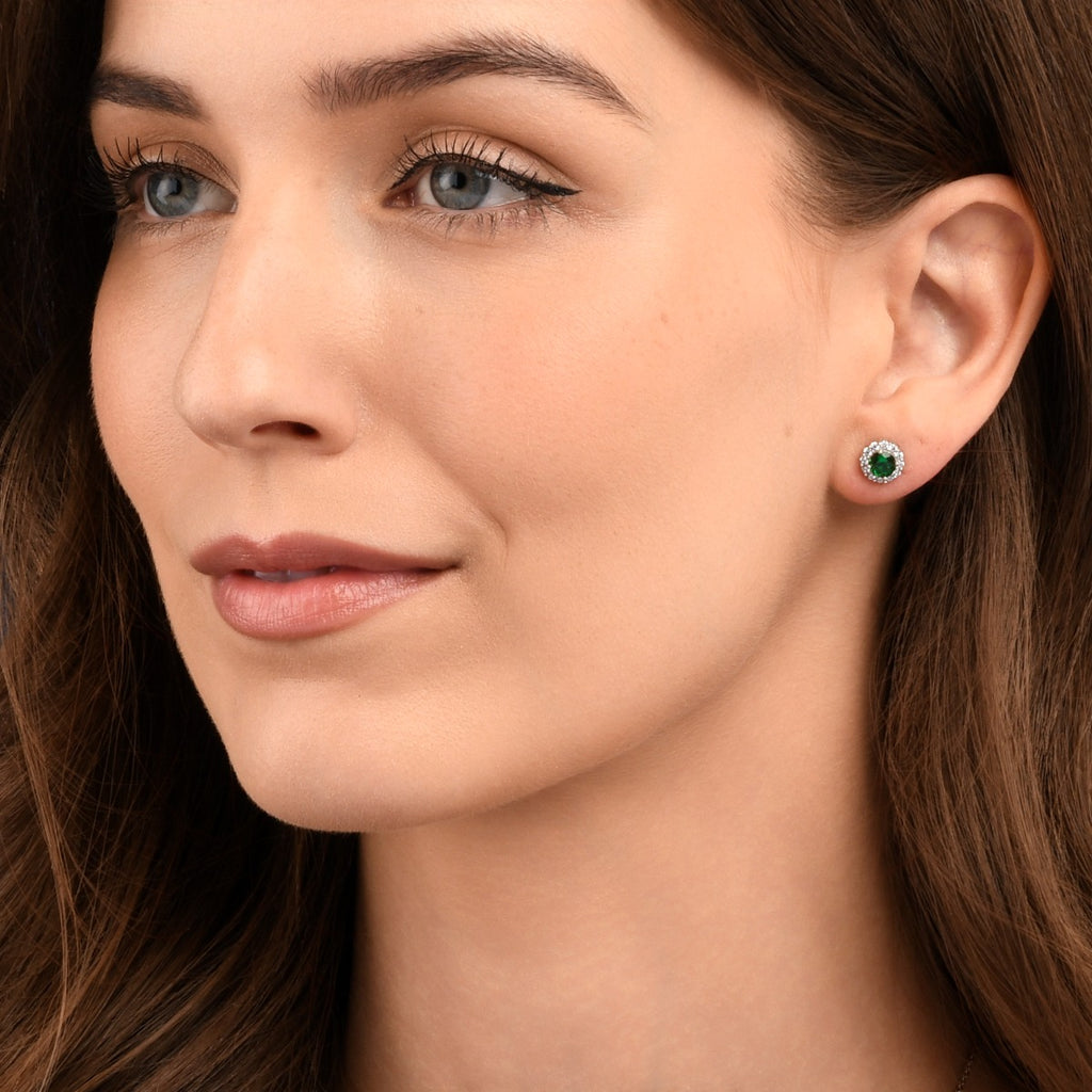 Sterling Silver Green Round Halo Stud Earrings