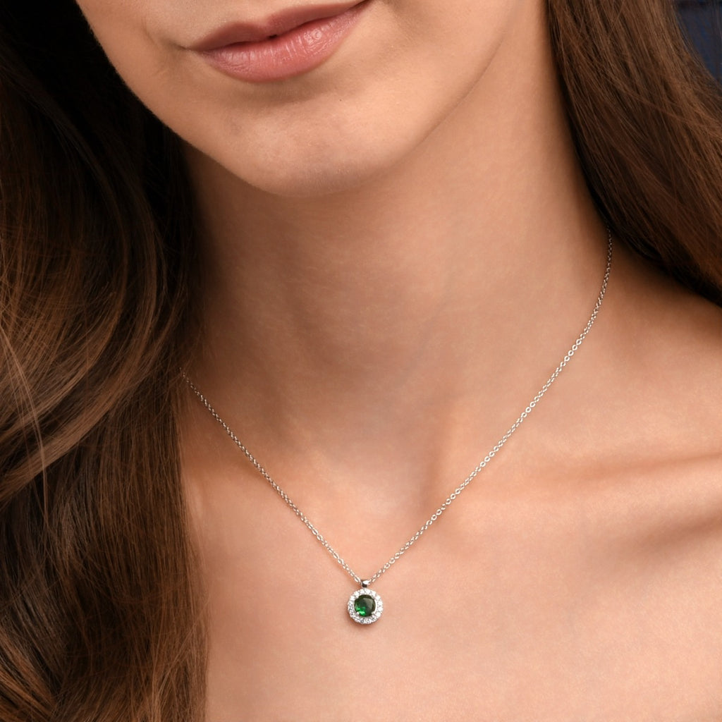 Sterling Silver Green Round Halo Pendant Necklace
