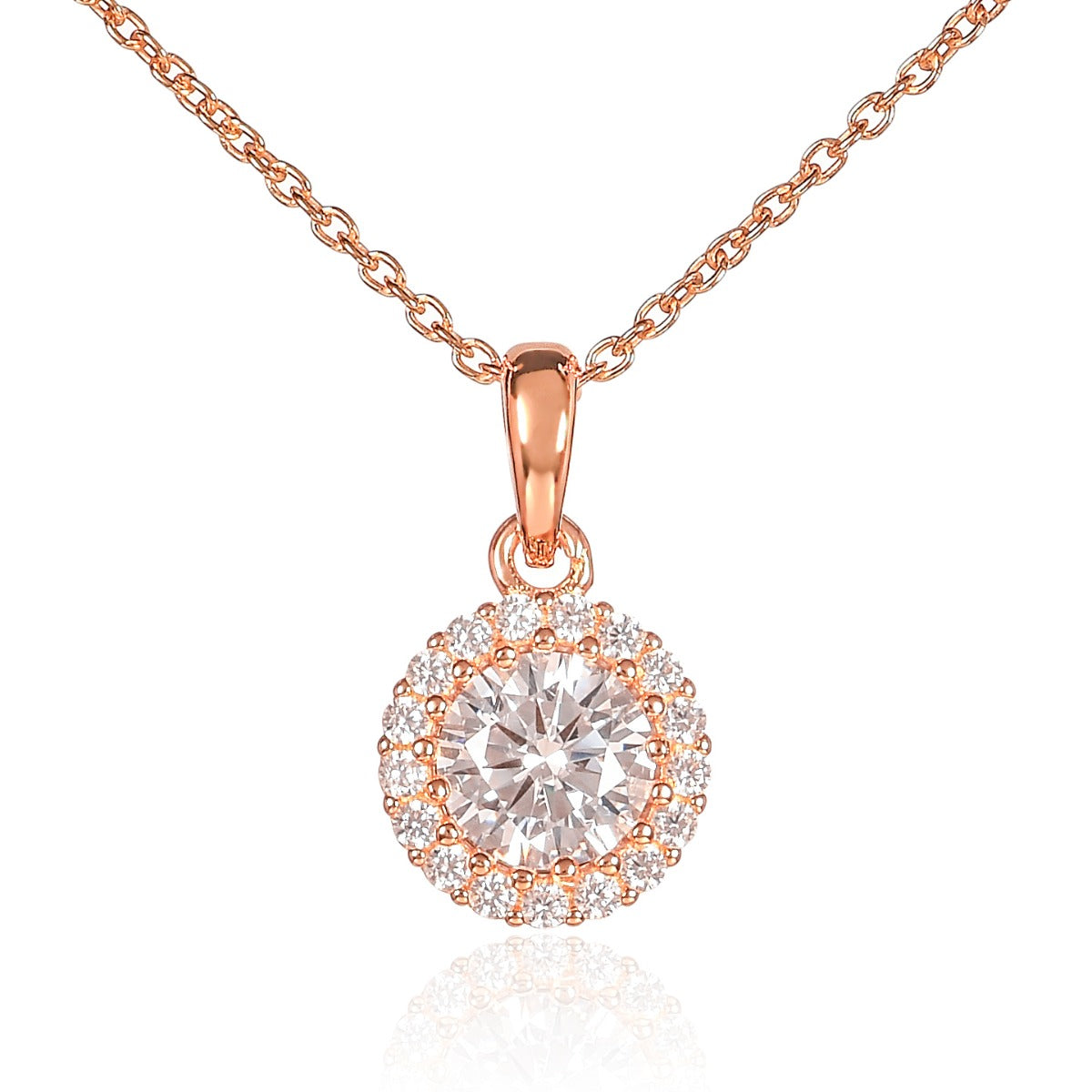 Rose Gold Plated Sterling Silver Round Halo Pendant Necklace