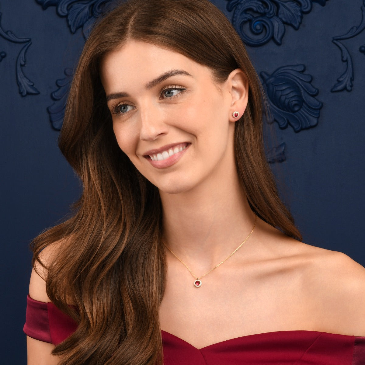 Gold Plated Sterling Silver Red Round Halo Pendant Necklace