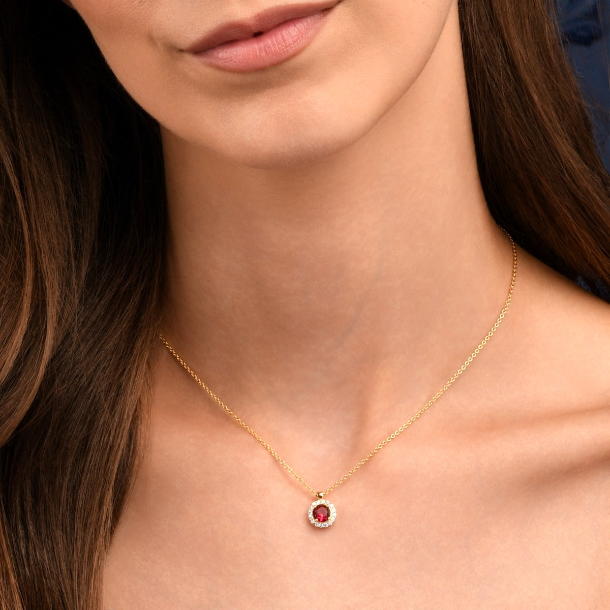 Gold Plated Sterling Silver Red Round Halo Pendant Necklace