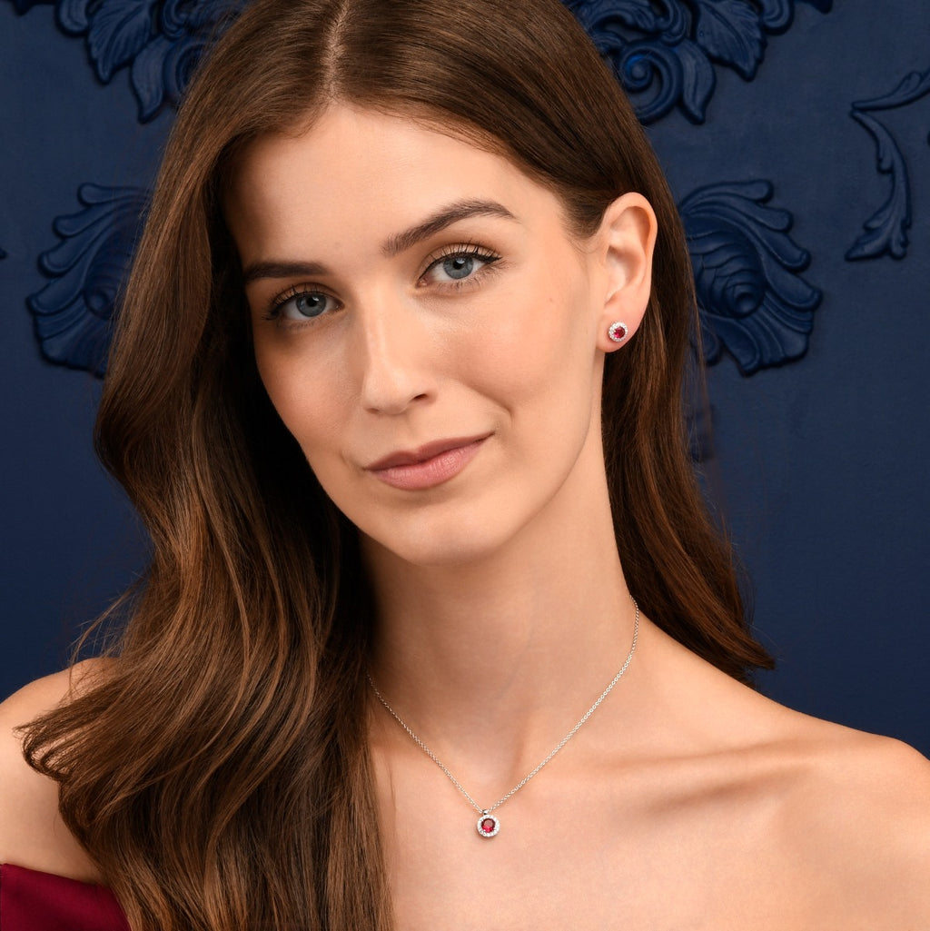 Sterling Silver Red Round Halo Pendant Necklace