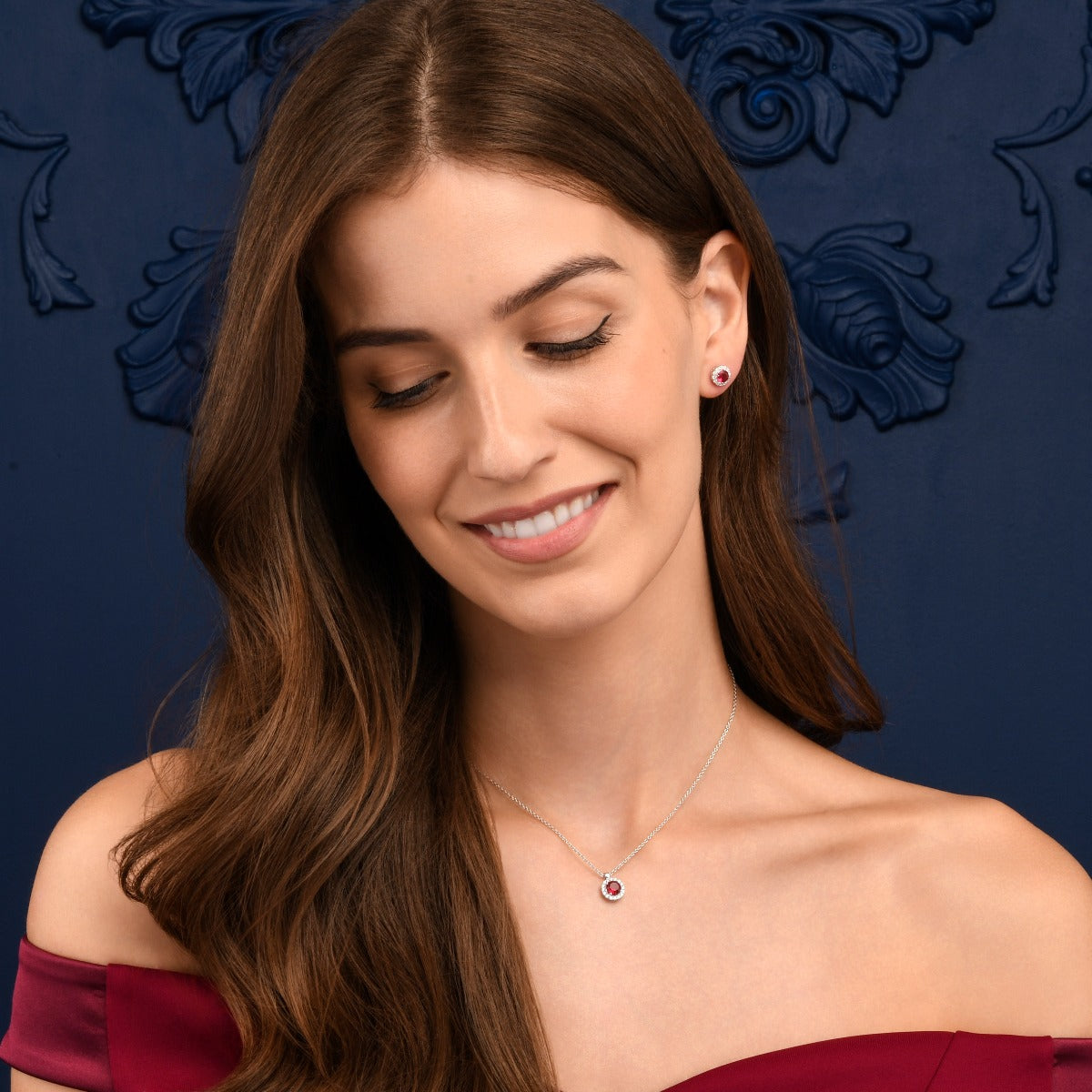 Sterling Silver Red Round Halo Pendant Necklace