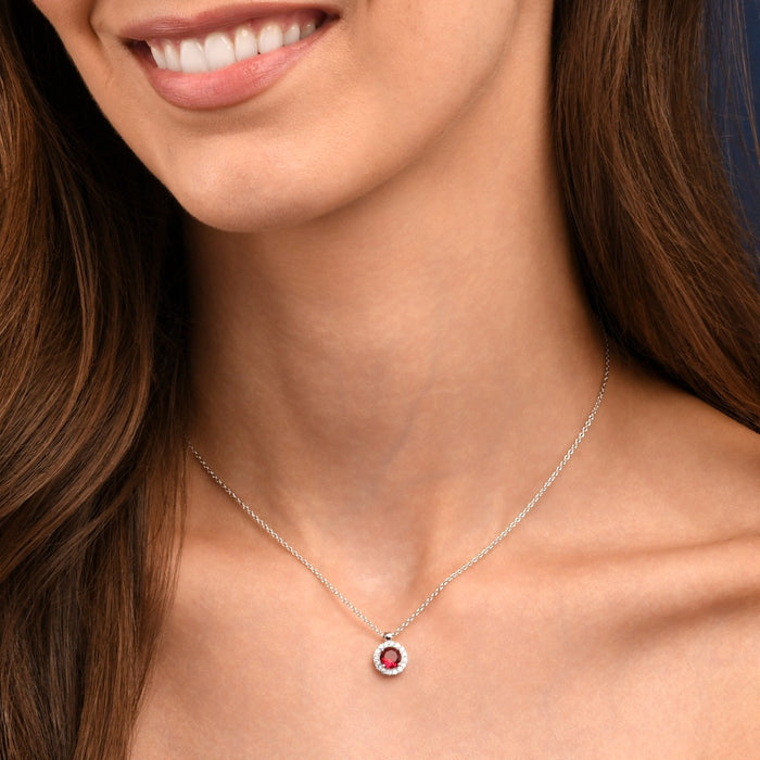 Sterling Silver Red Round Halo Pendant Necklace