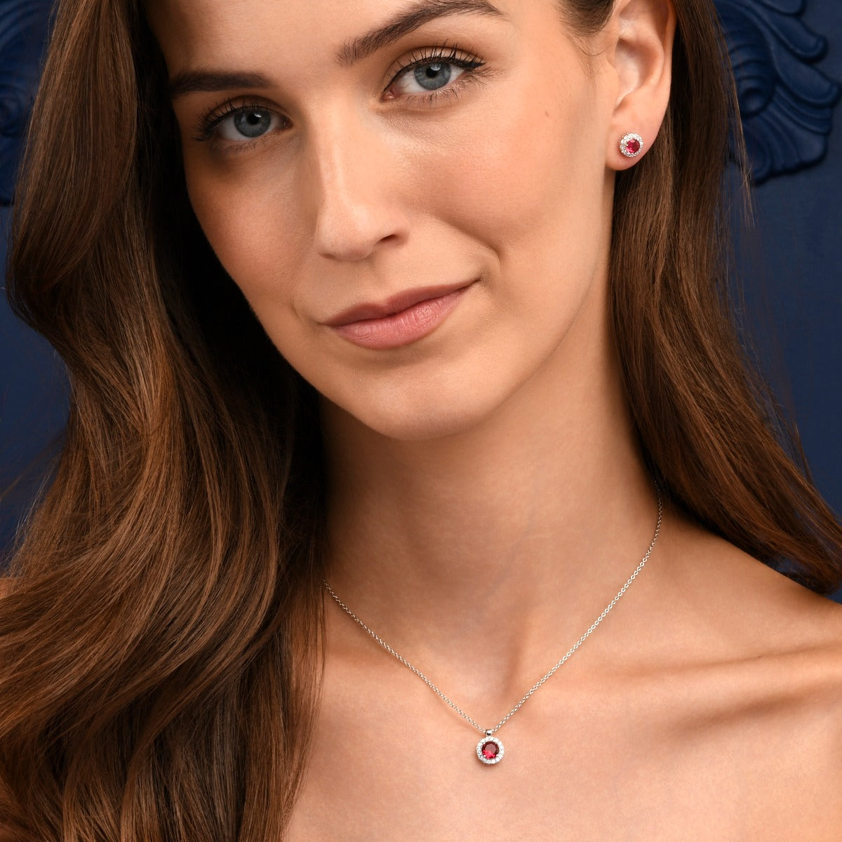 Sterling Silver Red Round Halo Stud Earrings