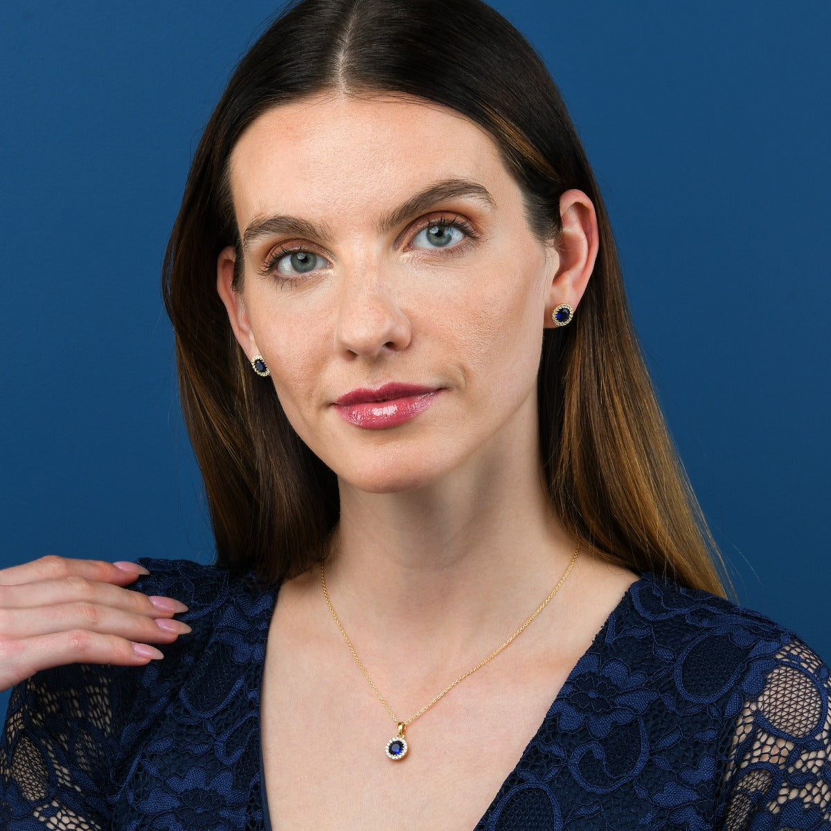 Gold Plated Sterling Silver Blue Halo Pendant Necklace