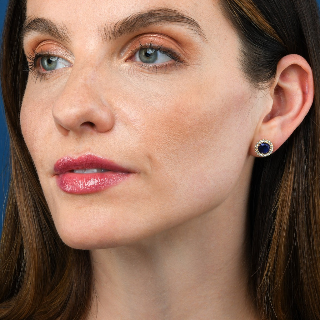 Gold Plated Sterling Silver Round Dark Blue Halo Stud Earrings