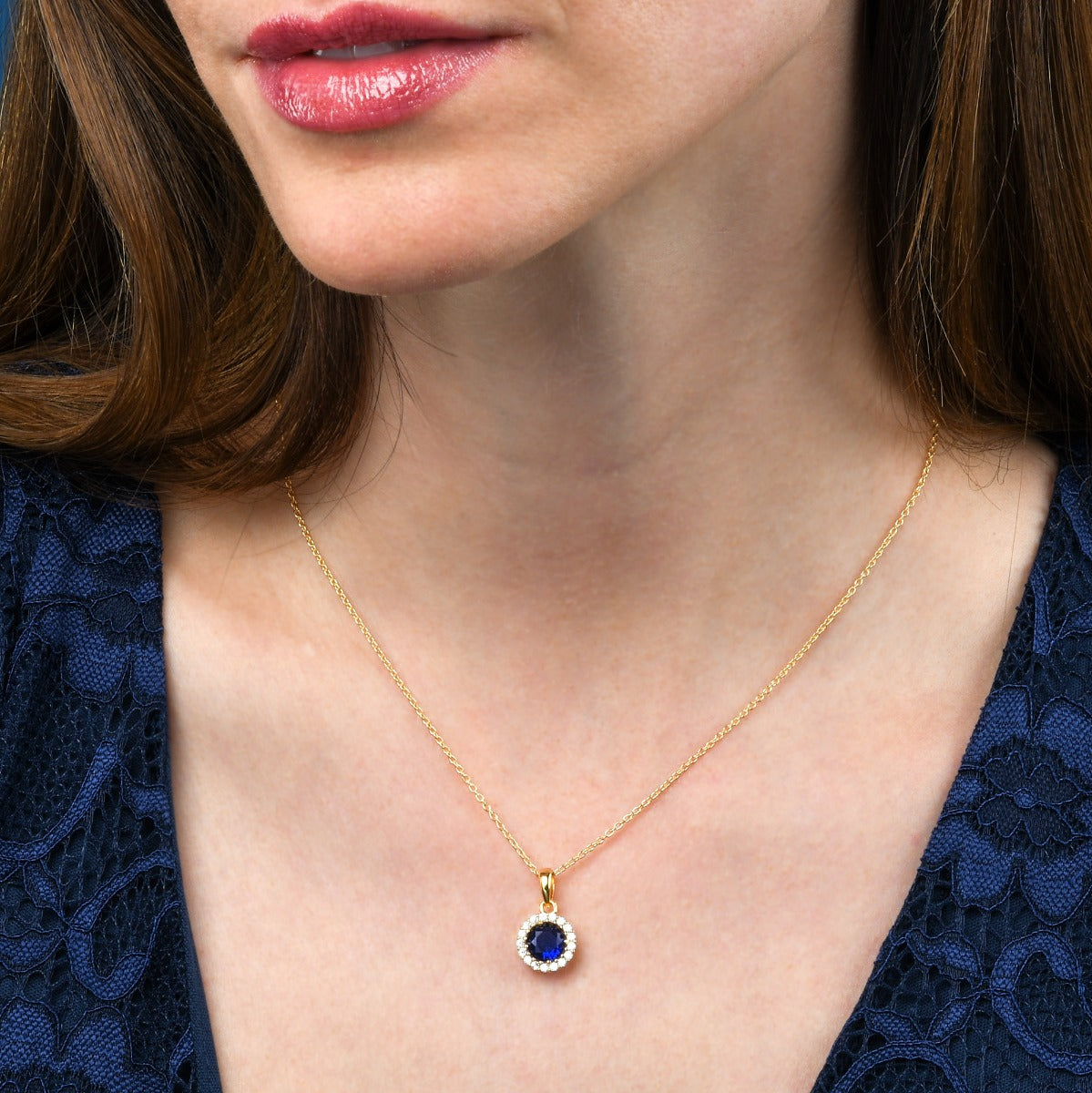 Gold Plated Sterling Silver Blue Halo Pendant Necklace