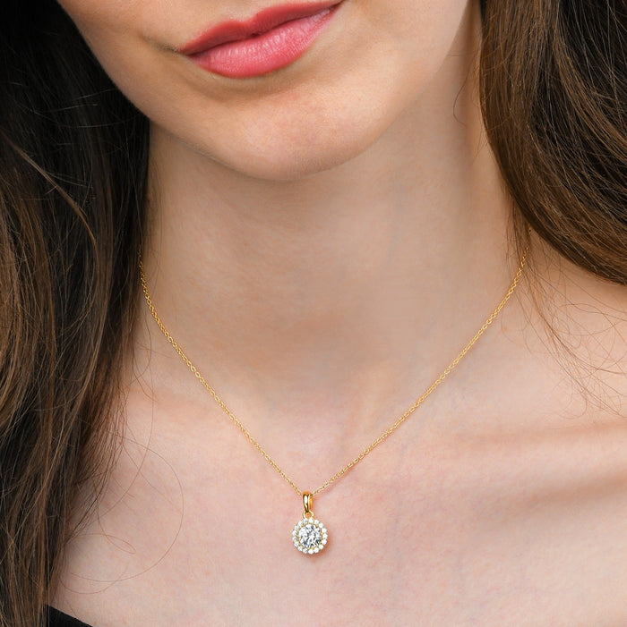 Gold Plated Sterling Silver Round Halo Pendant Necklace