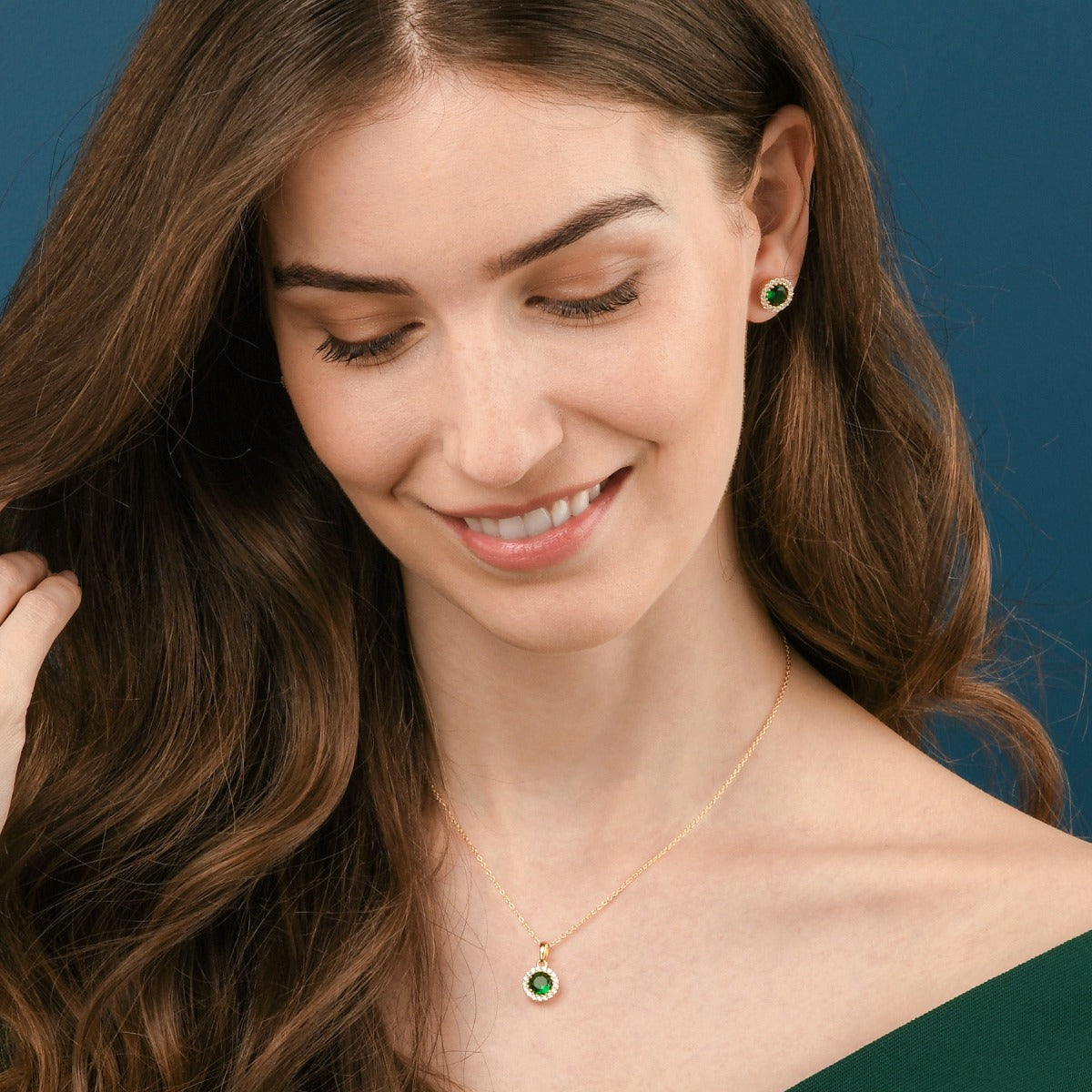 Gold Plated Sterling Silver Green Halo Pendant Necklace