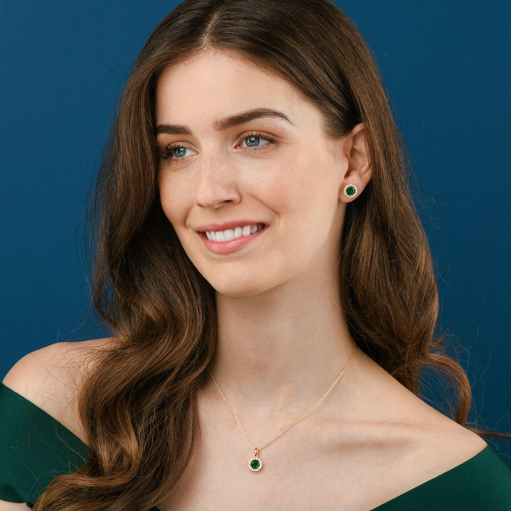 Gold Plated Sterling Silver Round Green Halo Stud Earrings