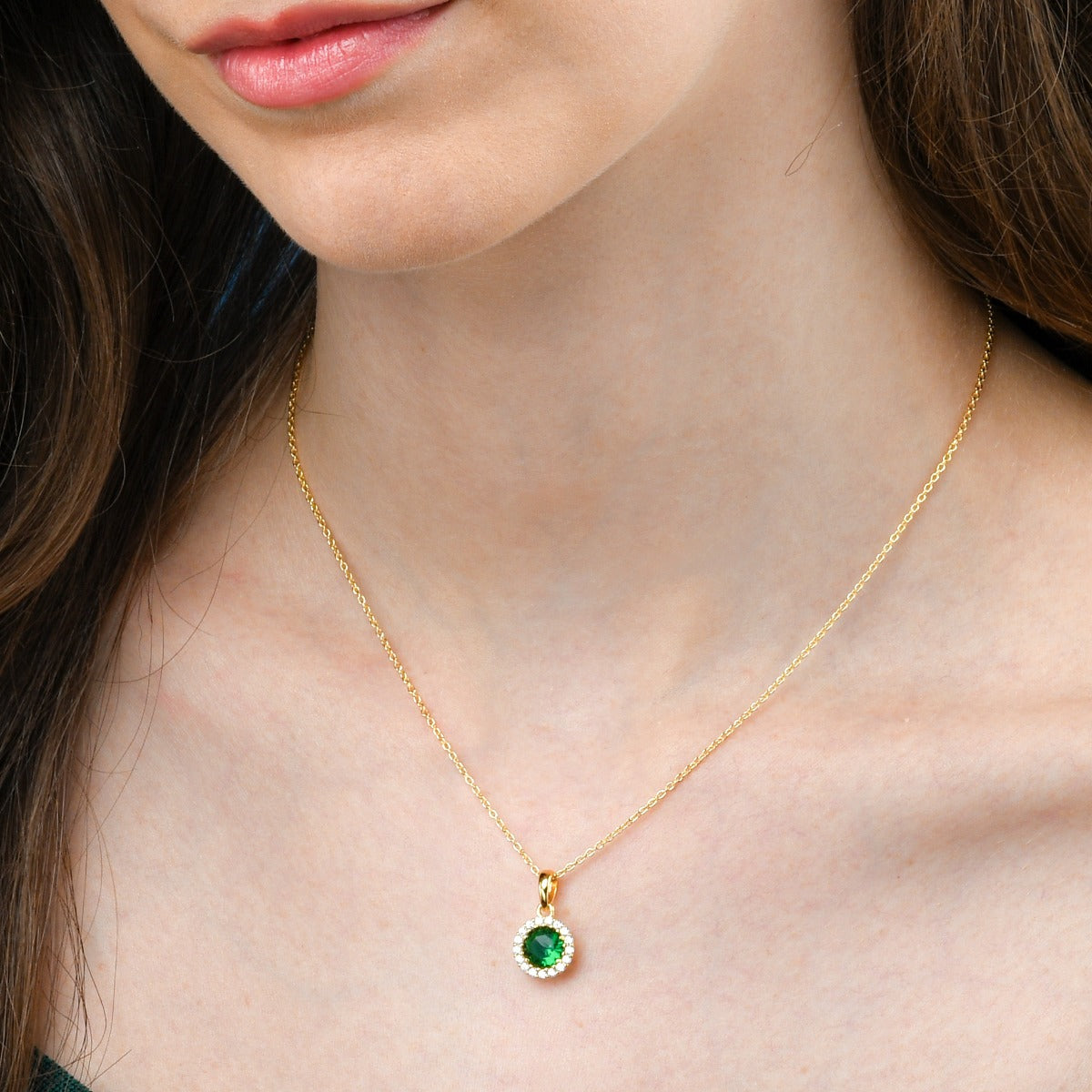 Gold Plated Sterling Silver Green Halo Pendant Necklace