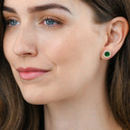 Gold Plated Sterling Silver Round Green Halo Stud Earrings