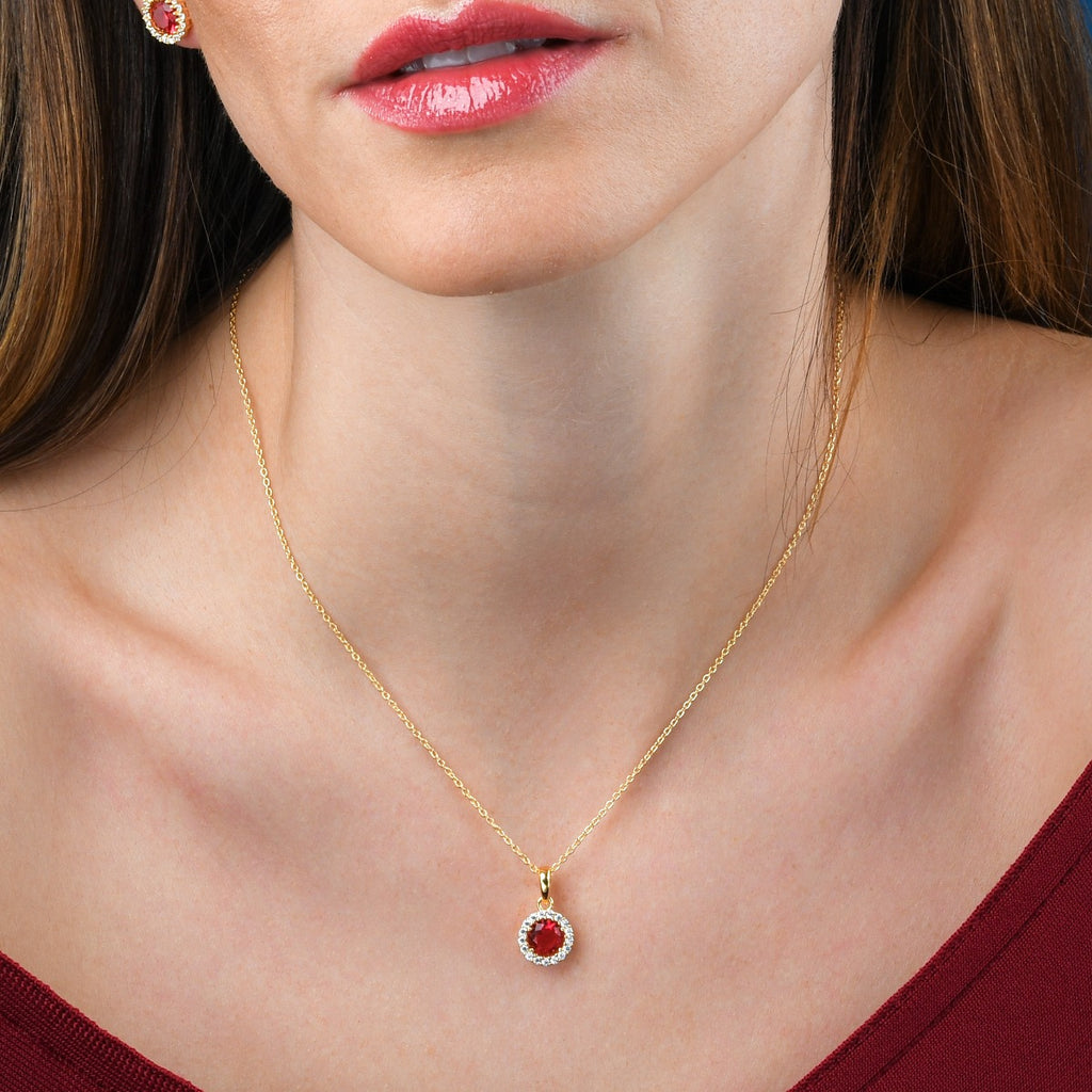 Gold Plated Sterling Silver Red Halo Pendant Necklace