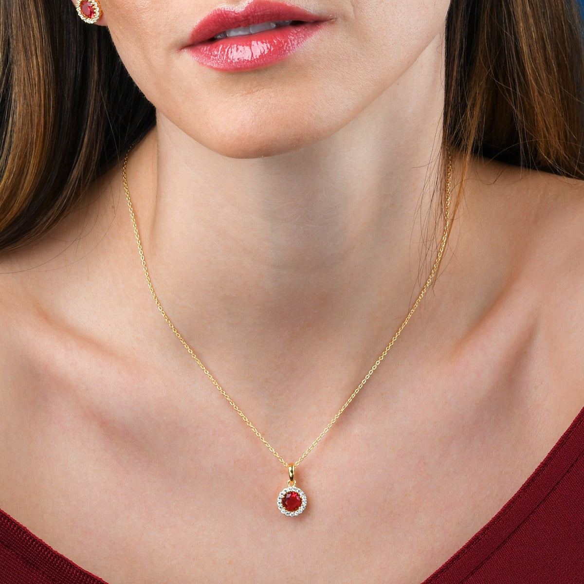 Gold Plated Sterling Silver Red Halo Pendant Necklace