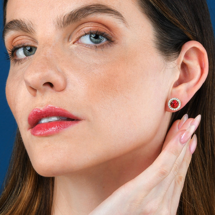 Gold Plated Sterling Silver Round Red Halo Stud Earrings