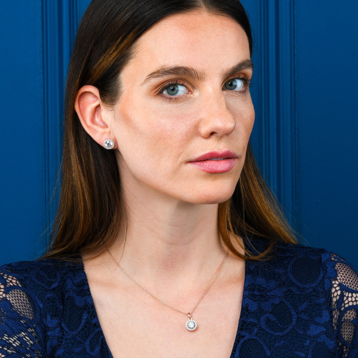 Rose Gold Plated Sterling Silver Round Halo Pendant Necklace