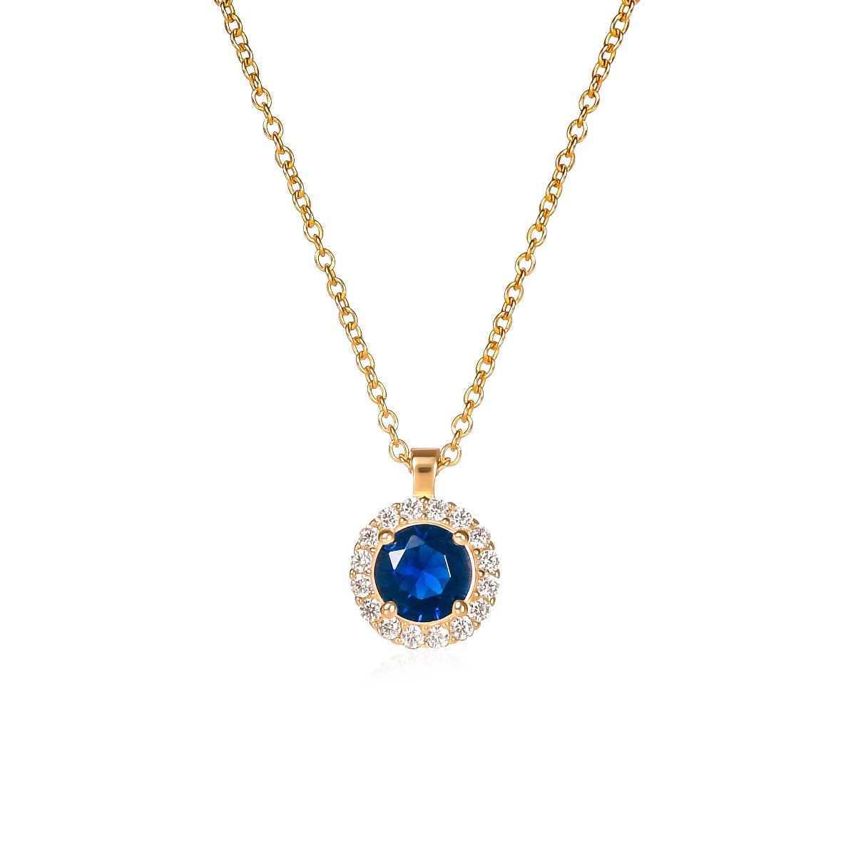 Gold Plated Sterling Silver Blue Round Halo Pendant Necklace