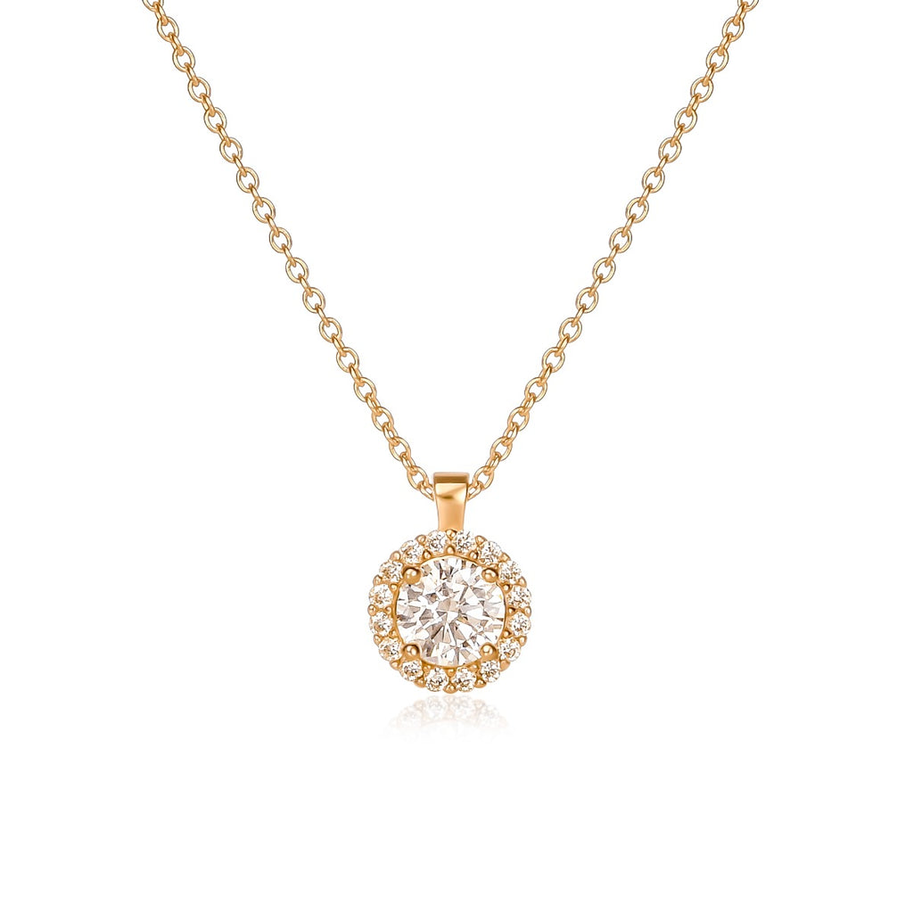 Gold Plated Sterling Silver Round CZ Halo Pendant Necklace