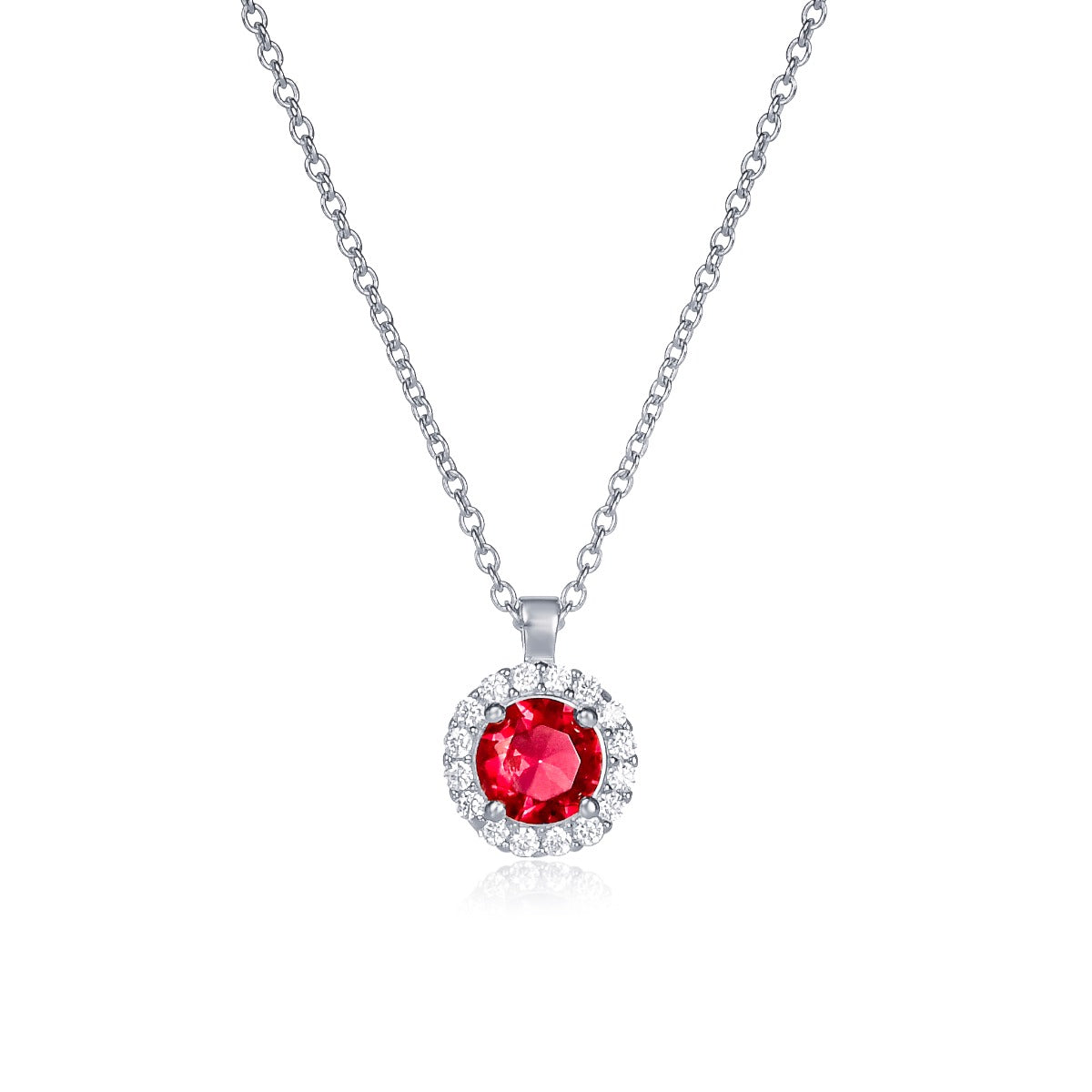 Sterling Silver Red Round Halo Pendant Necklace