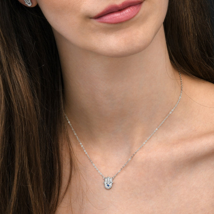 Sterling Silver HAMZA HAND Pendant Necklace with Cubic Zirconia
