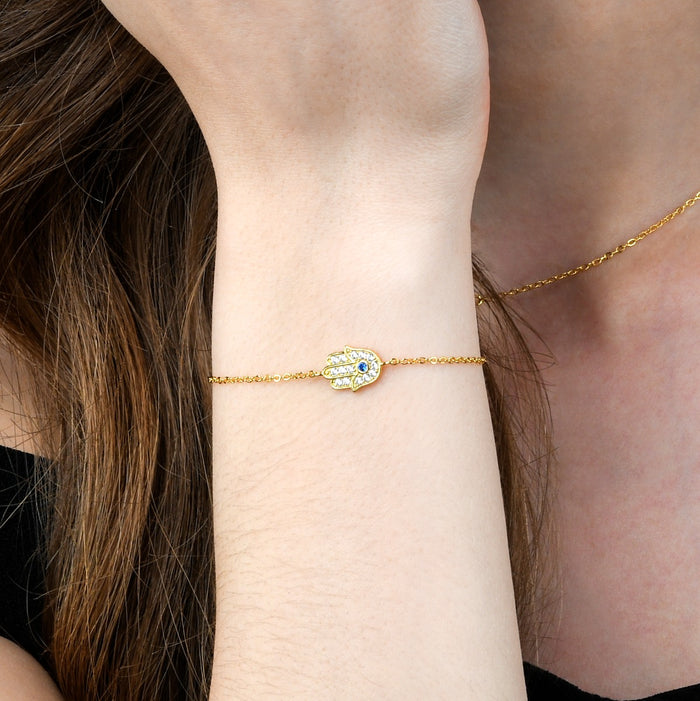 Yellow Gold Plated Sterling Silver HAMZA HAND Bracelet with Cubic Zirconia