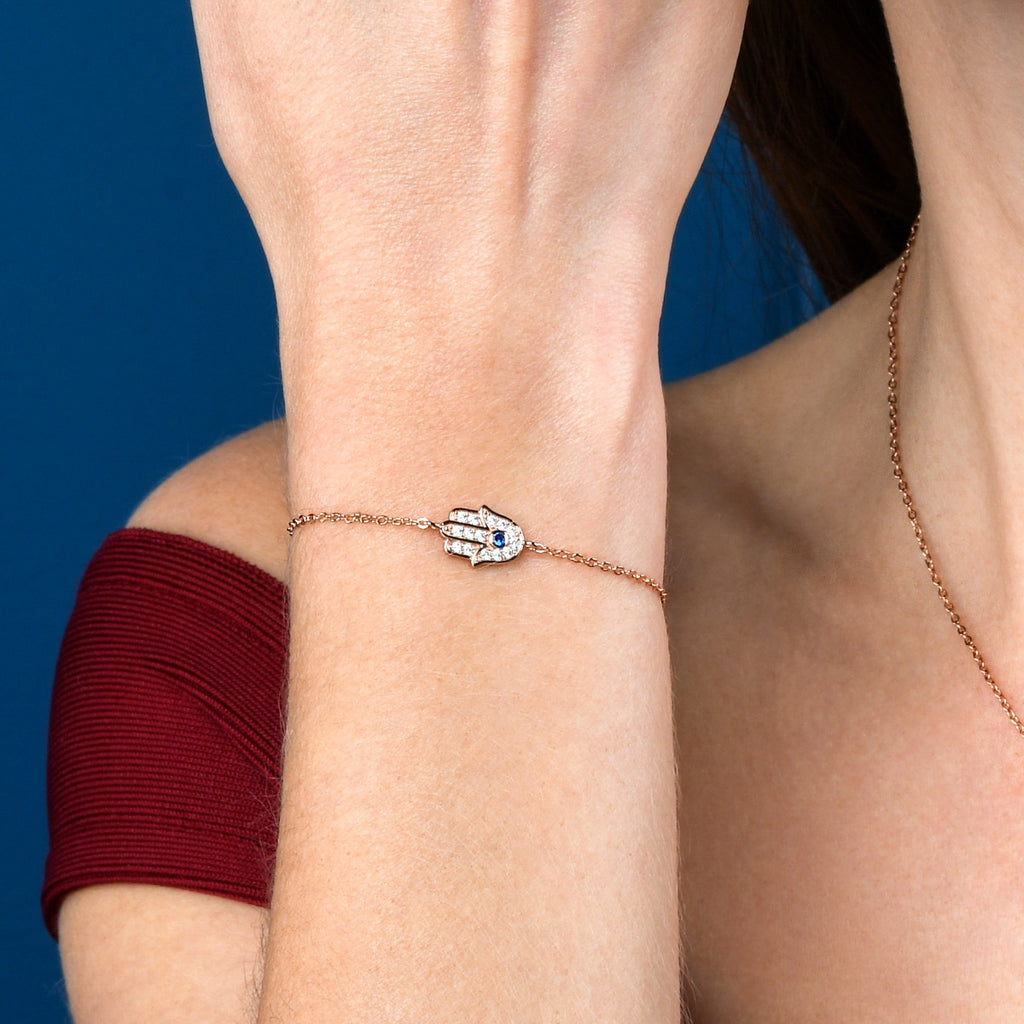 Rose Gold Plated Sterling Silver HAMZA HAND Bracelet with Cubic Zirconia