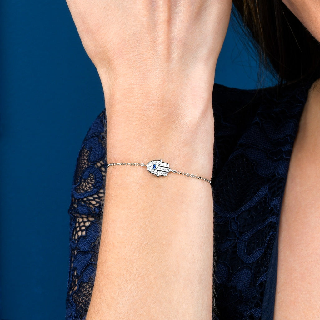 Sterling Silver HAMZA HAND Bracelet with Cubic Zirconia