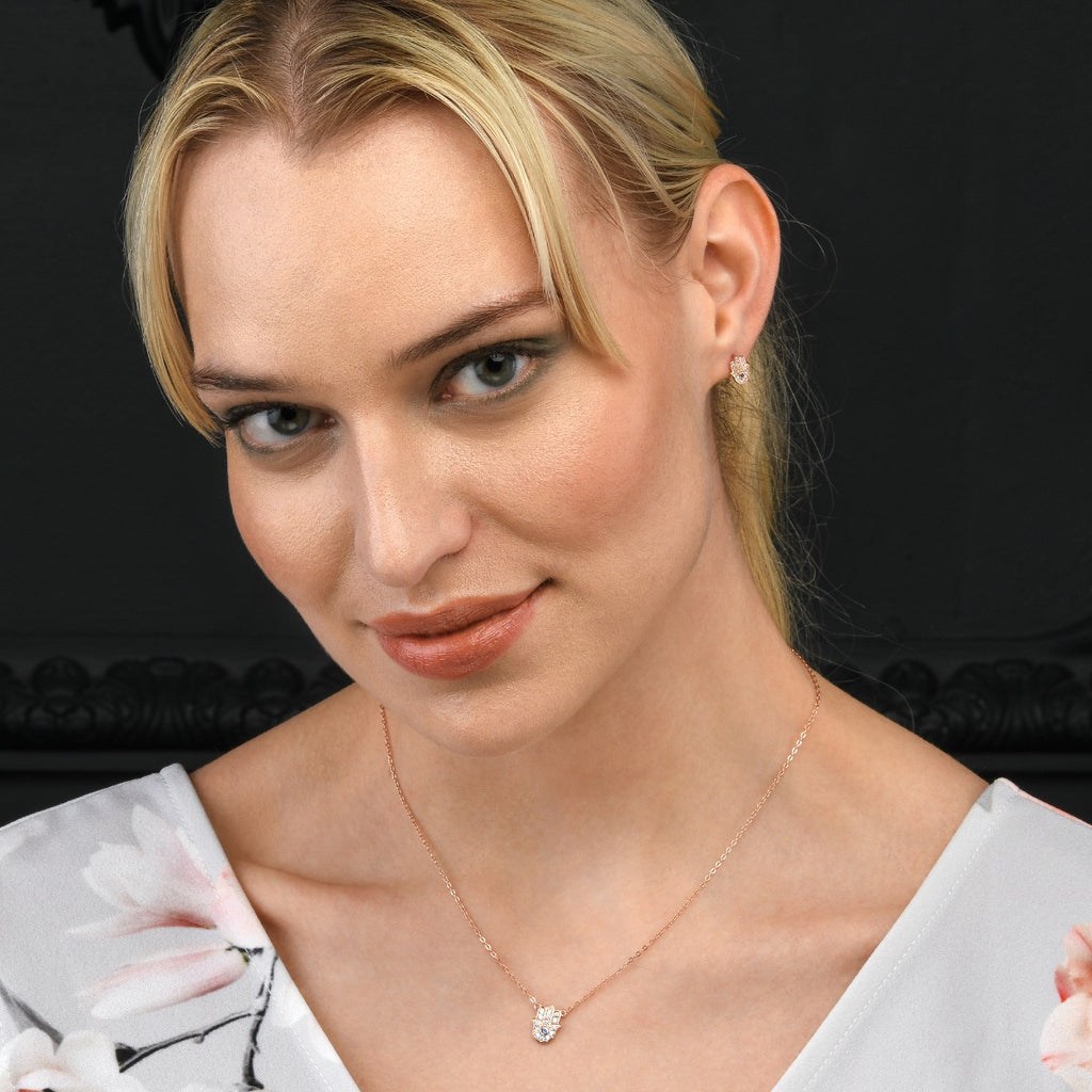Rose Gold Plated Sterling Silver Hamza Hand Earrings with Cubic Zirconia