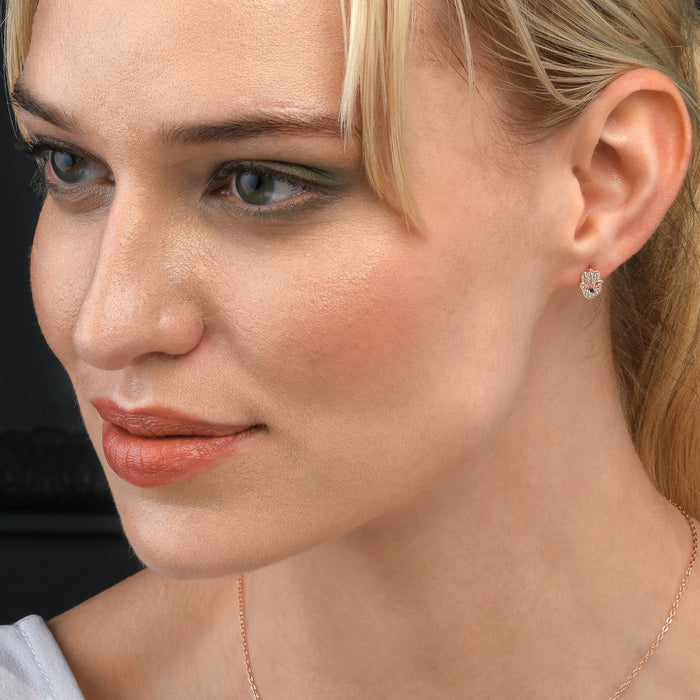 Rose Gold Plated Sterling Silver Hamza Hand Earrings with Cubic Zirconia