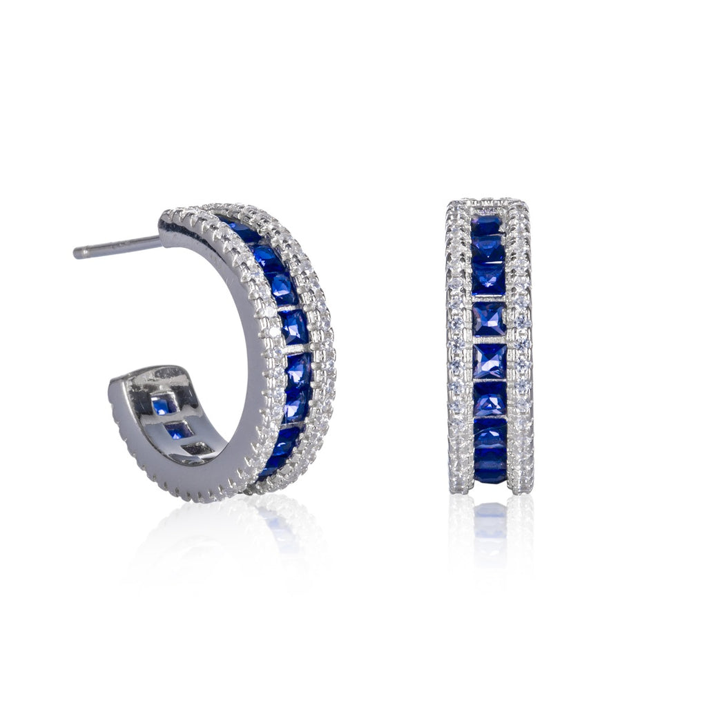 Sterling Silver Blue Hoop Earrings with Cubic Zirconia Stones