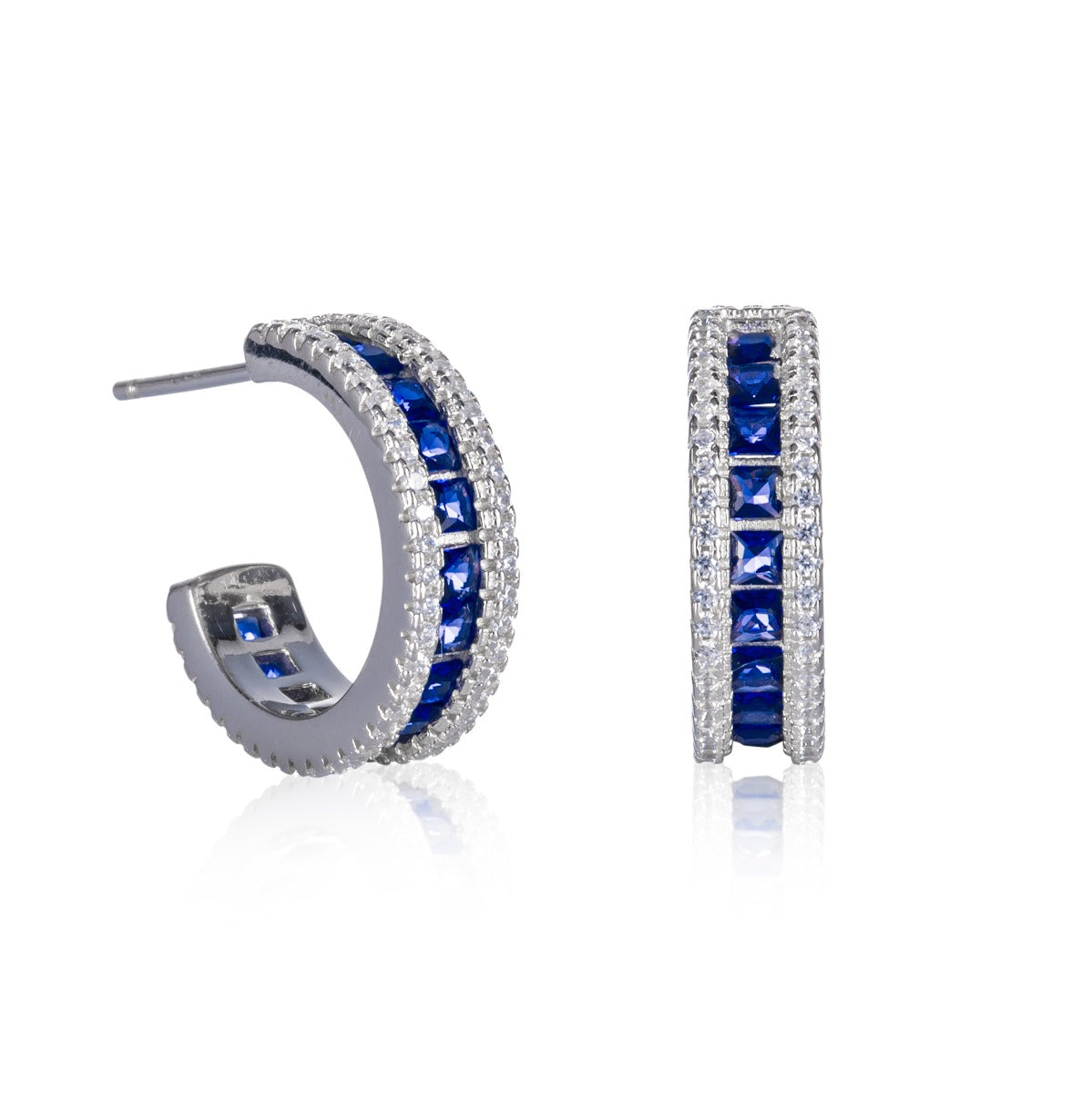 Sterling Silver Blue Hoop Earrings with Cubic Zirconia Stones