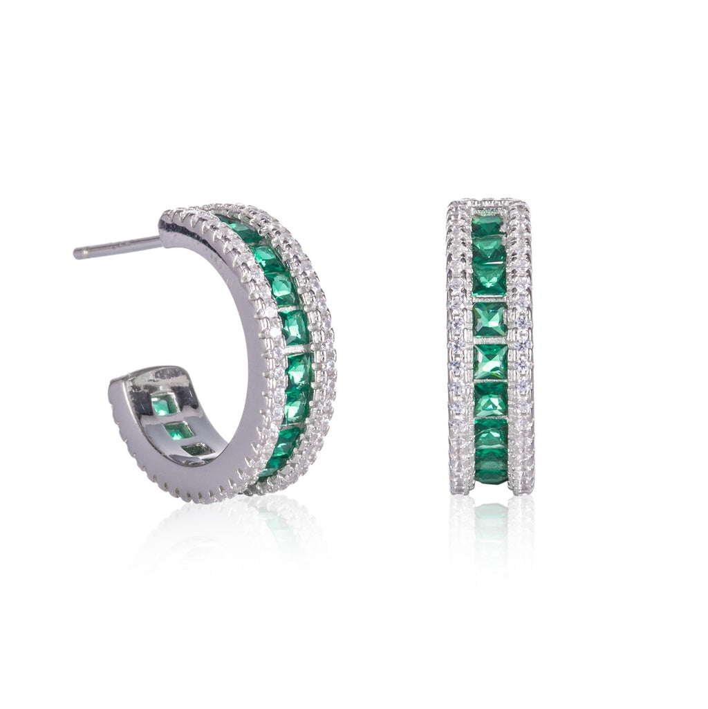 925 Sterling Silver Green Hoop Earrings with Cubic Zirconia Stones