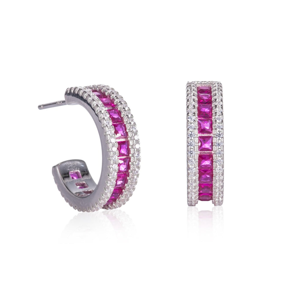 Sterling Silver Red Hoop Earrings with Cubic Zirconia Stones