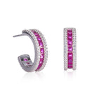 Sterling Silver Red Hoop Earrings with Cubic Zirconia Stones