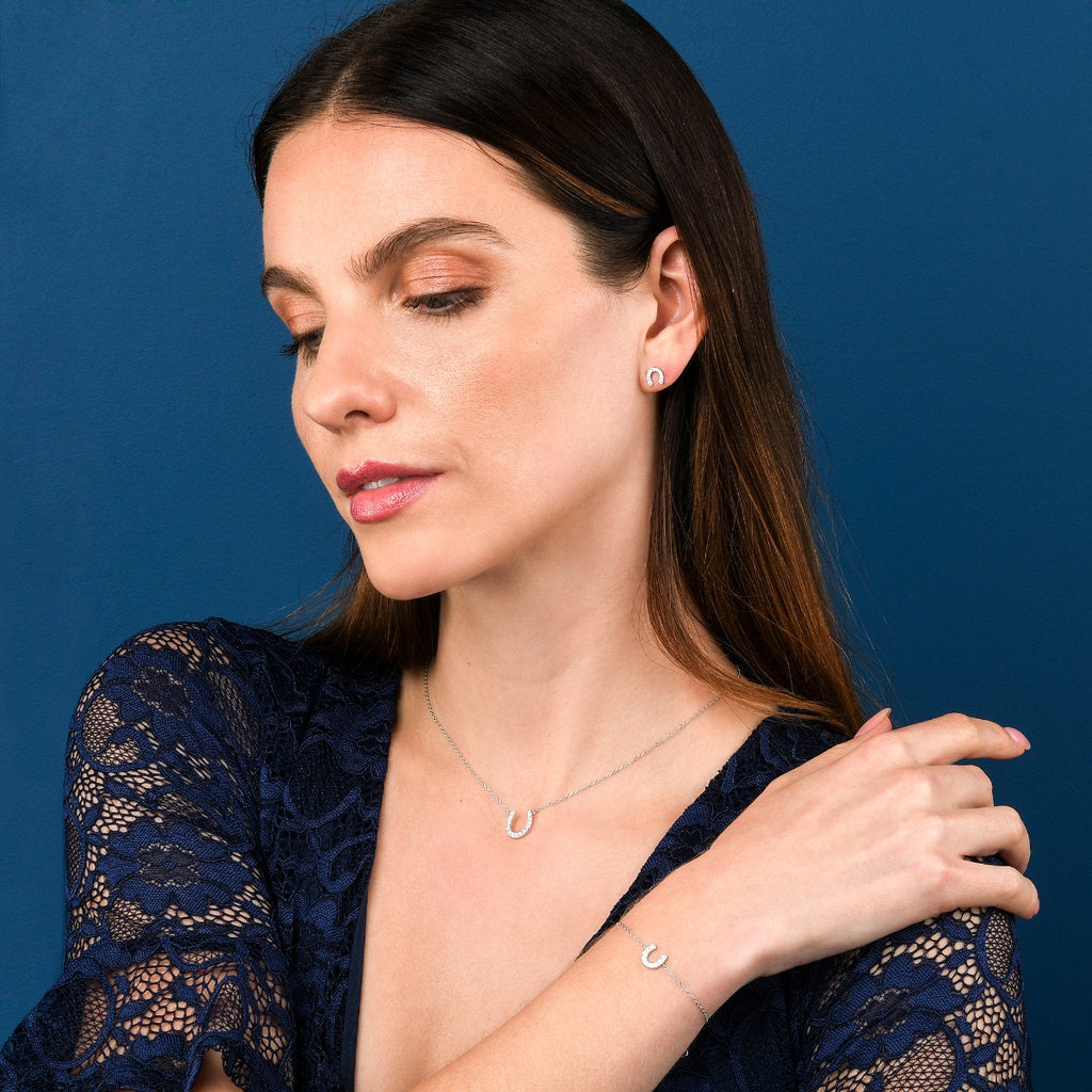 Sterling Silver Lucky Horseshoe Pendant Necklace With Cubic Zirconia