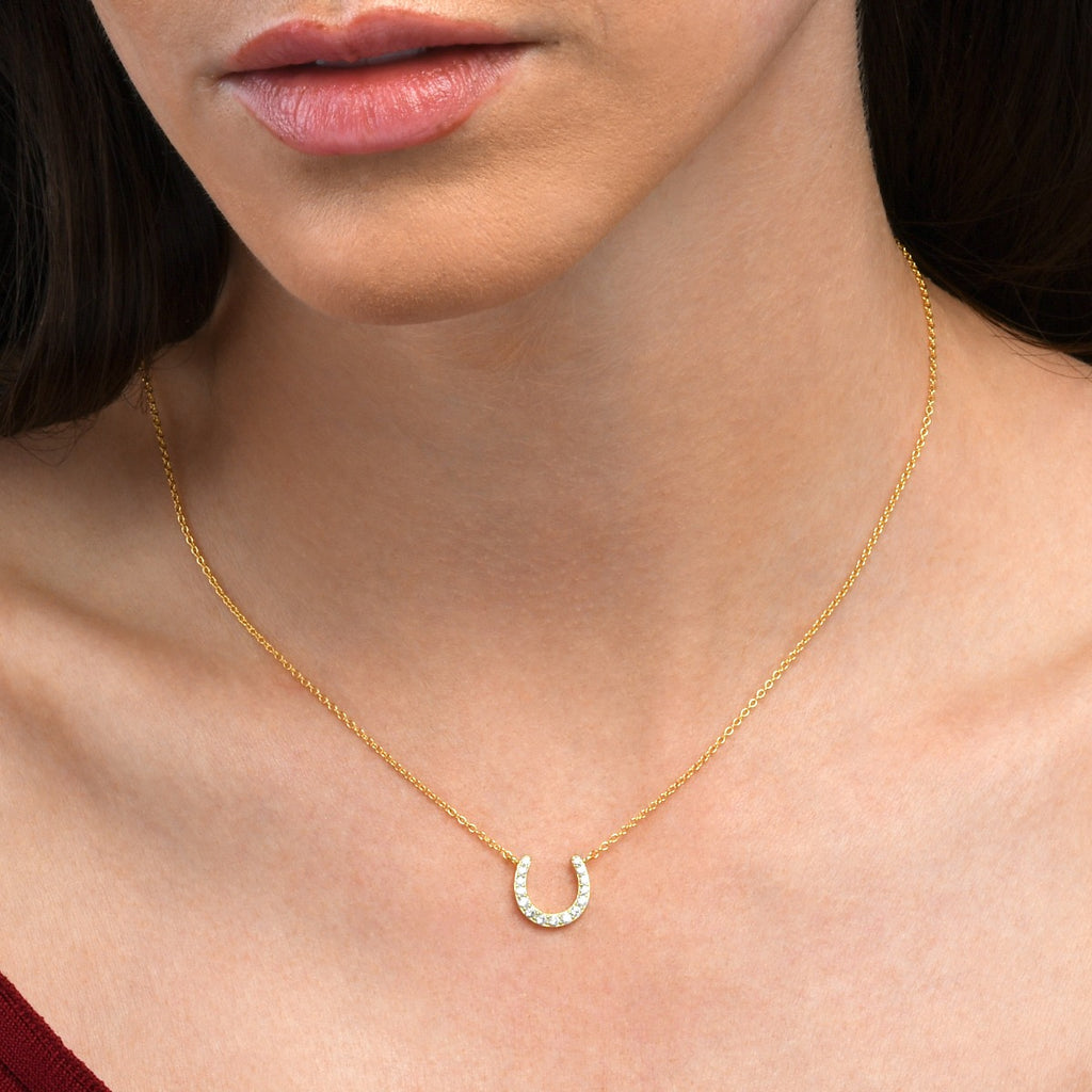 Gold Plated Sterling Silver Lucky Horseshoe Pendant Necklace With Cubic Zirconia