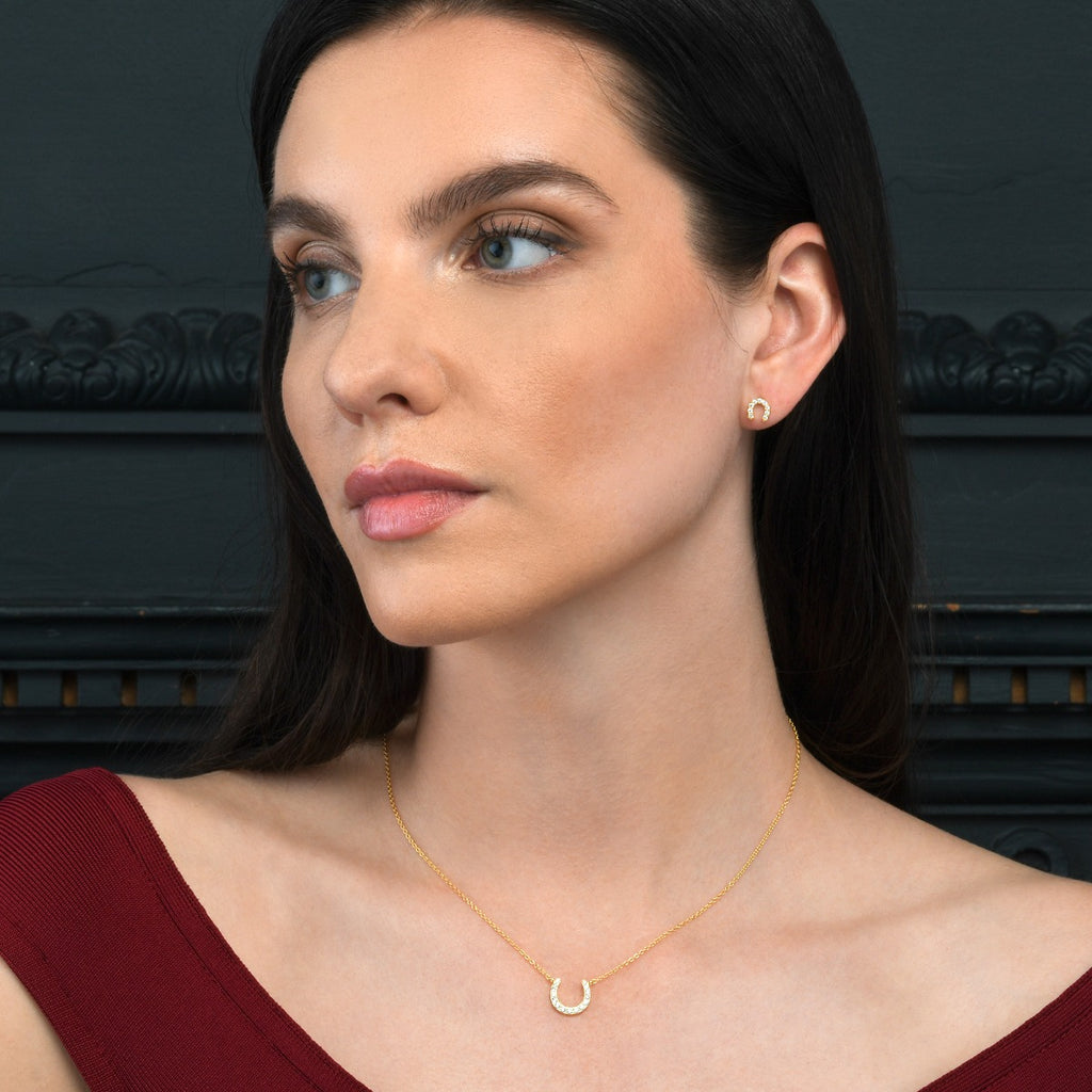 Gold Plated Sterling Silver Lucky Horseshoe Pendant Necklace With Cubic Zirconia