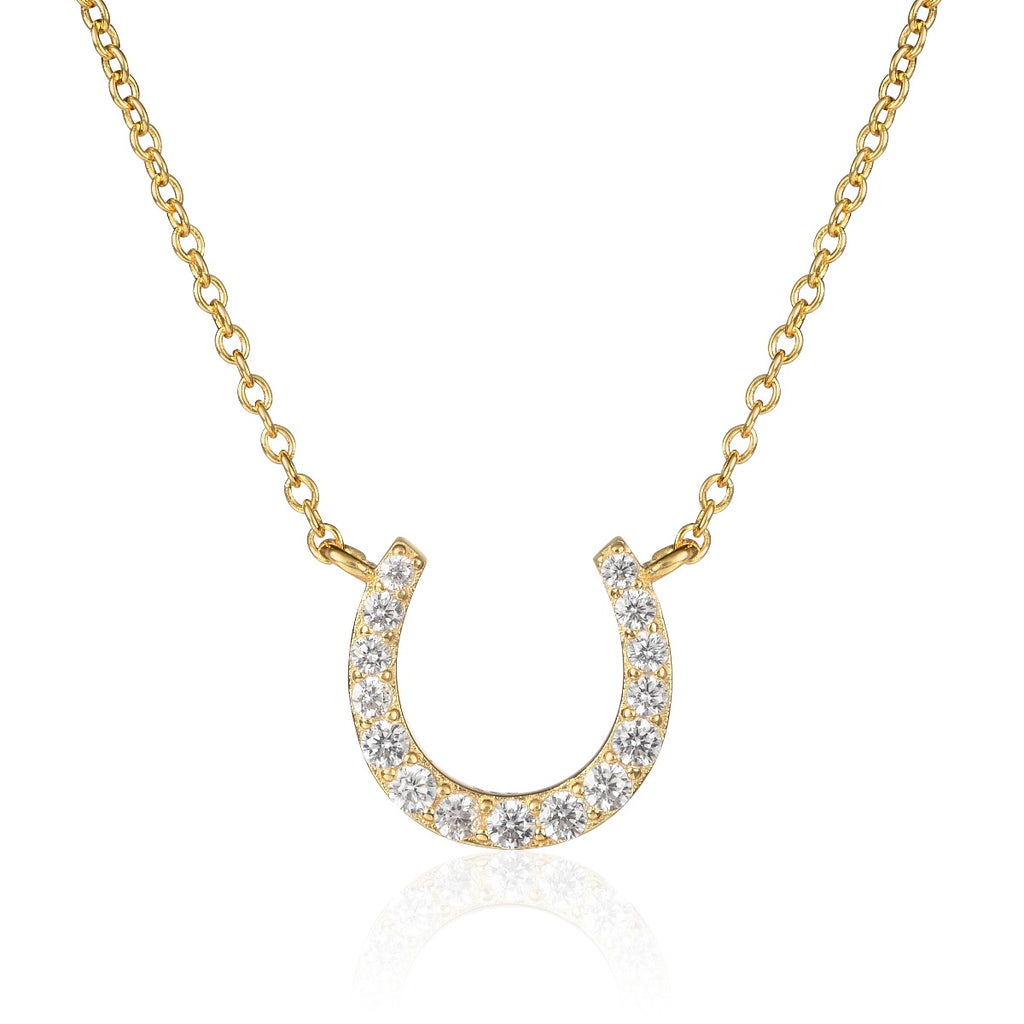 Gold Plated Sterling Silver Lucky Horseshoe Pendant Necklace With Cubic Zirconia
